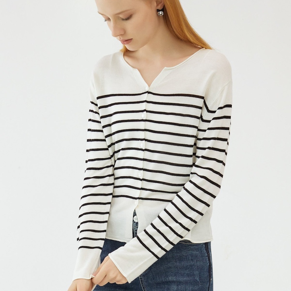 A new day ribbed striped black & white / cream button cardigan